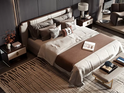 Modern Double Bed Interior With Upholstered Headboard Brown Beige Pillows Quilt Nightstand Lamp Striped Rug 3d model
