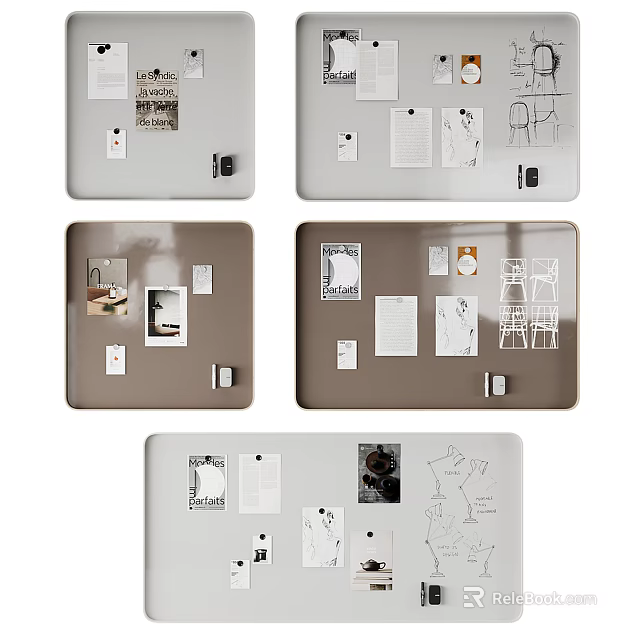 Stylish Bulletin Boards Adorned With Papers Photos Notes And Sketches 3d model 