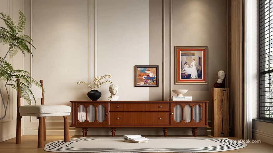 Brown Wooden TV Stand With Drawers Glass Doors And Decorative Items On Light Colored Wall 3d model 