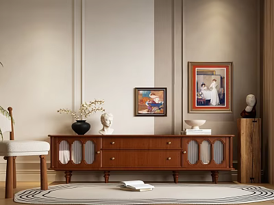 Brown Wooden TV Stand With Drawers Glass Doors And Decorative Items On Light Colored Wall 3d model