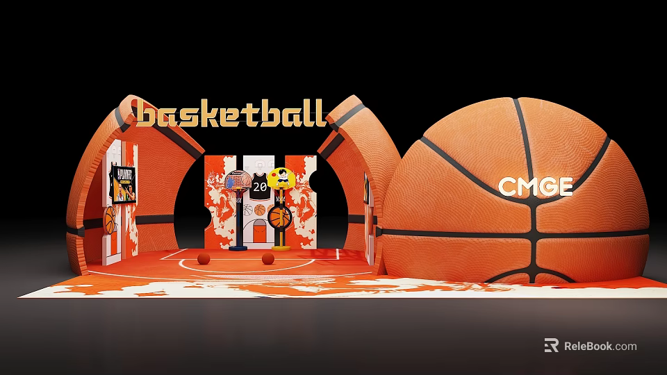 Basketball Themed Photo Spot With Large Basketball Model Entrance Design And CMGE Logo 3d model 