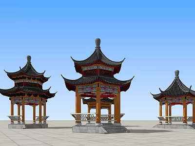 Traditional Chinese Pavilions With Pagoda Style Roofs And Ornate Decorations Under Blue Sky 3d model