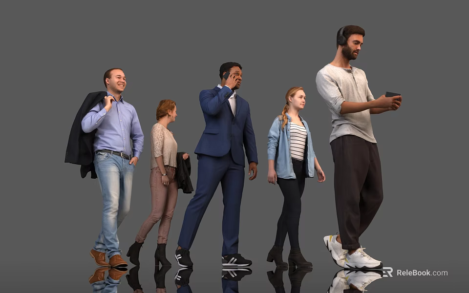 Diverse Group of People Standing Together in Various Outfits Against Gray Background With Floor Reflections 3d model 