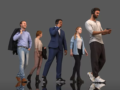 Diverse Group of People Standing Together in Various Outfits Against Gray Background With Floor Reflections 3d model