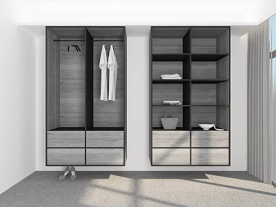 Modern Gray Wooden Wardrobe With Hanging Area Shelves Drawers For Storage 3d model
