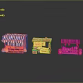 Colorful Traditional Food Market Stalls With Striped Awning And Red Structures
