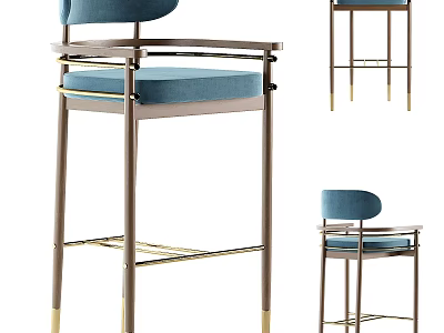 Modern Blue Upholstered Bar Stool With Metal Frame Gold Legs And Round Backrest 3d model
