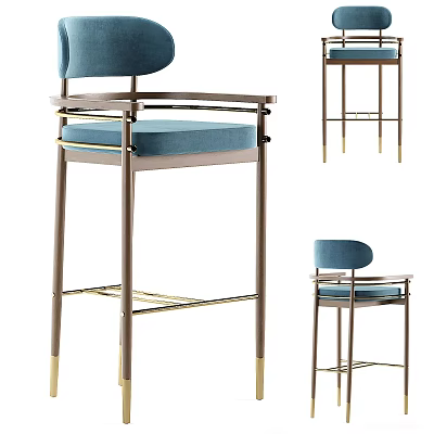 Modern Blue Upholstered Bar Stool With Metal Frame Gold Legs And Round Backrest 3d model
