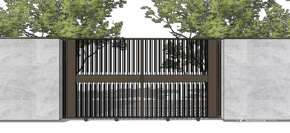 Modern Entrance Gate With Vertical Slats Design Surrounded By Green Trees And Stone Pillars 3d model 