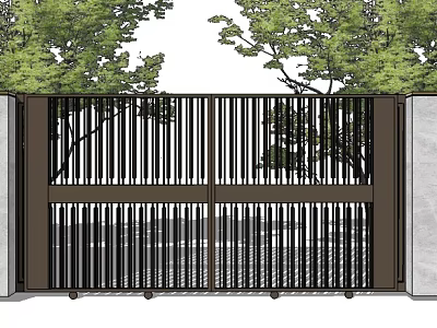 Modern Entrance Gate With Vertical Slats Design Surrounded By Green Trees And Stone Pillars 3d model