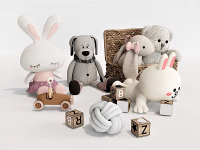 Cute Rabbit Plush Toys Dog Stuffed Animal Teddy Bear with Alphabet Blocks and Knitted Ball 3d model