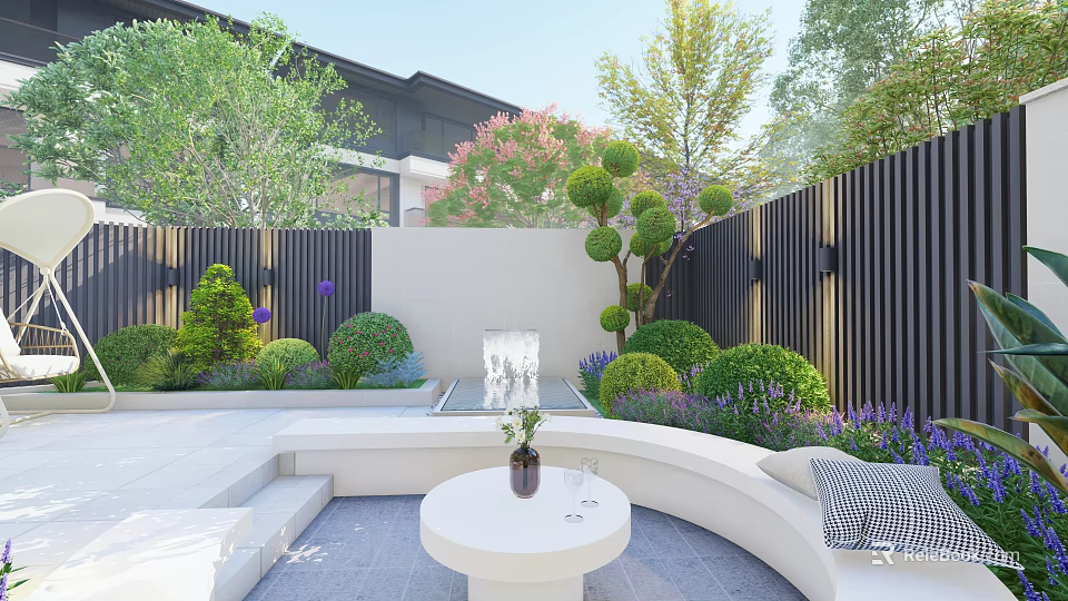 Modern Entrance Gate Design With Black Fence Green Plants And Courtyard Water Feature 3d model 