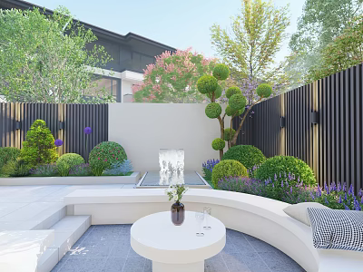 Modern Entrance Gate Design With Black Fence Green Plants And Courtyard Water Feature 3d model