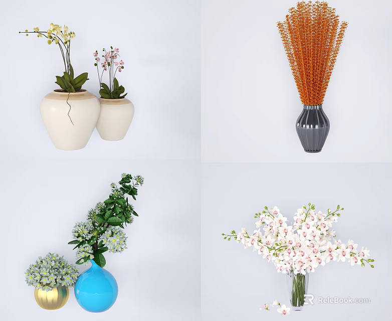 Decorative Vases With Colorful Flowers And Green Plants For Home Decoration 3d model 