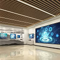 Modern Tech Exhibition Hall With Large Display Screen Tech Icons And Wooden Ceiling Lighting