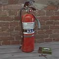 Red Fire Extinguisher On Wooden Bench Against Red Brick Wall With Matchbox And Matches