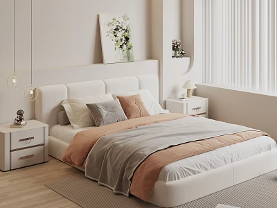 Modern Bedroom Interior With White Headboard Gray Orange Pillows Nightstands Artwork And Wooden Floor 3d model