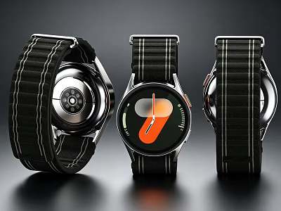 Three Smart Watches With Black Strap White Stitching Orange Pointer Modern Design Different Angles 3d model