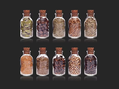 Set Of Glass Spice Bottles With Cork Stoppers Filled With Various Spices 3d model