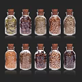 Set Of Glass Spice Bottles With Cork Stoppers Filled With Various Spices