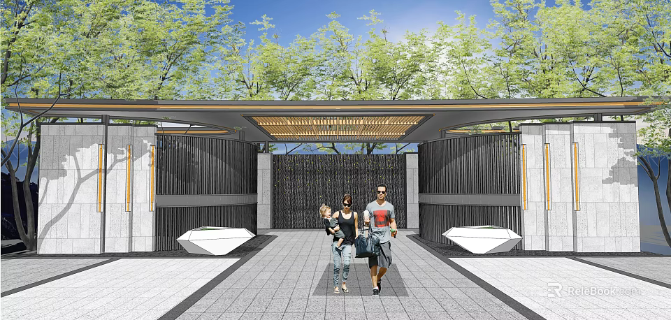 Modern Entrance Gate Design With Wooden Ceiling Water Feature Black Fences And Trees 3d model 