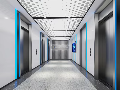 Modern Elevator Hallway With Perforated Ceiling Blue Accents White Walls And Gray Flooring 3d model