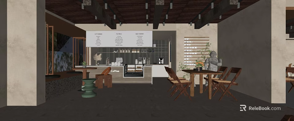 Cafe Restaurant Interior With Coffee Bar Menu Board Wooden Tables And Plants 3d model 