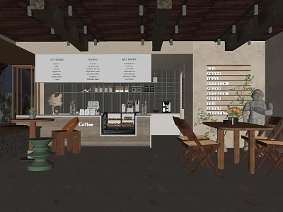 Cafe Restaurant Interior With Coffee Bar Menu Board Wooden Tables And Plants 3d model