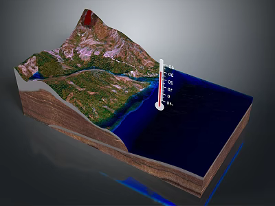 3D Cross-Sectional Terrain View With Mountain Green Plain River Ocean And Layered Structure 3d model