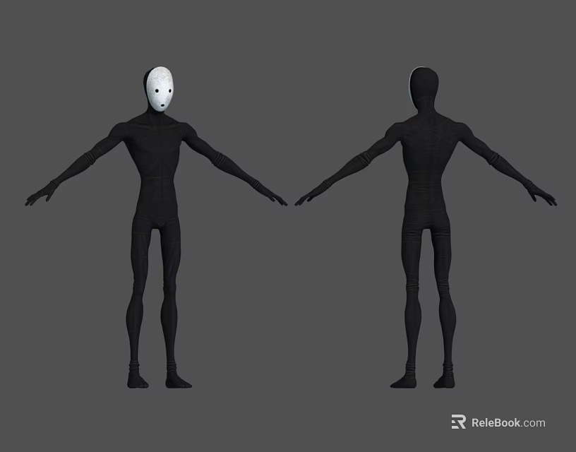 Two Black Humanoid Characters Featuring White Mask And Faceless Design Standing With Arms Outstretched 3d model 
