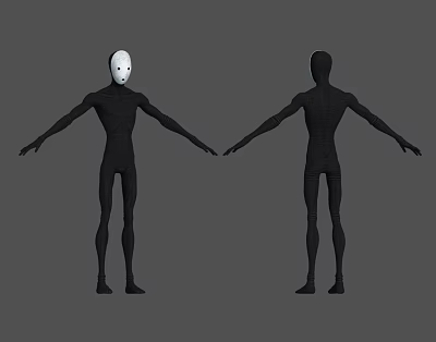 Two Black Humanoid Characters Featuring White Mask And Faceless Design Standing With Arms Outstretched 3d model