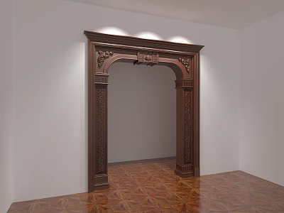 Carved Wooden Door Arch With Ceiling Lights White Walls And Geometric Floor 3d model