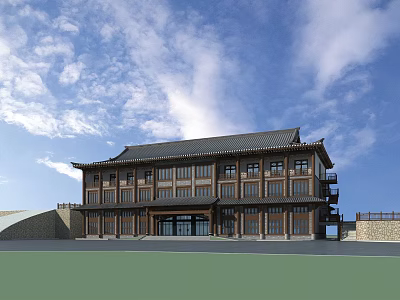 Traditional Ancient Architecture With Wooden Structure Overhanging Eaves And Front Square 3d model