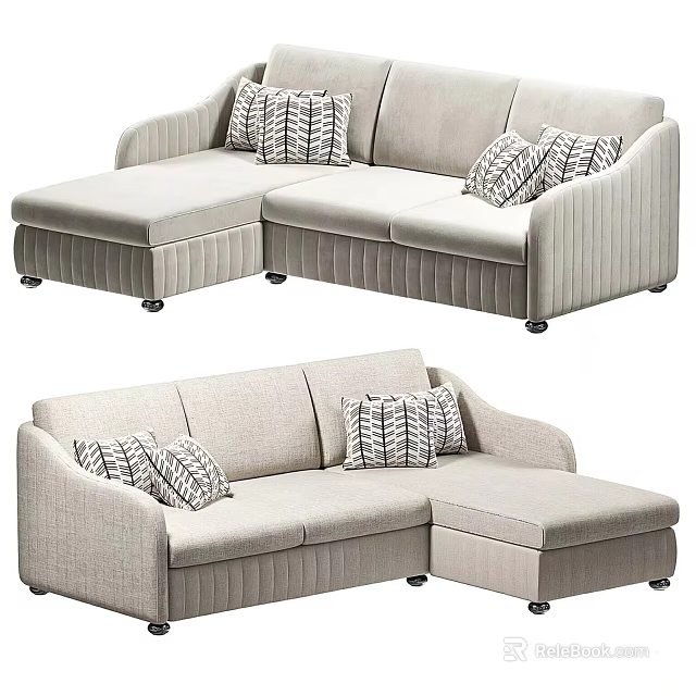 Light Gray L Shaped Sectional Sofa With Striped Pillows Rolling Wheels And Modern Design 3d model