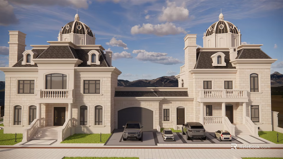 Twin Villa Exterior With Domed Roofs Stone Facade Balconies Parking Area And Mountain View 3d model 