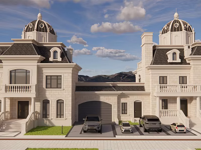 Twin Villa Exterior With Domed Roofs Stone Facade Balconies Parking Area And Mountain View 3d model