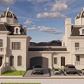 Twin Villa Exterior With Domed Roofs Stone Facade Balconies Parking Area And Mountain View