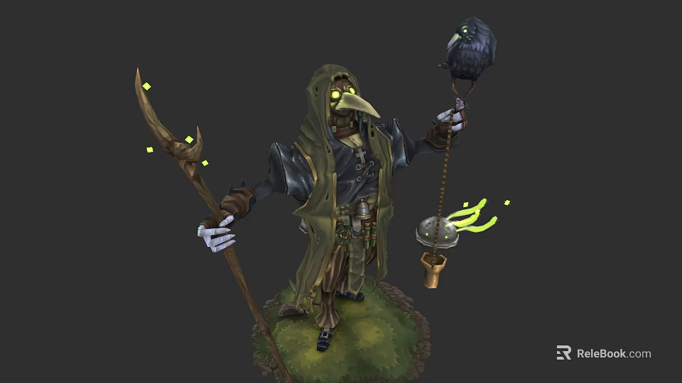 Mystical Cloaked Game Character With Plague Doctor Mask Glowing Staff And Ethereal Lantern 3d model 