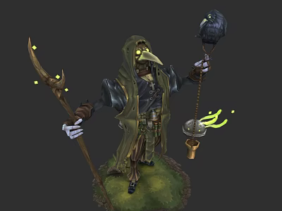 Mystical Cloaked Game Character With Plague Doctor Mask Glowing Staff And Ethereal Lantern 3d model