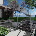 Modern Two Story Building Courtyard Garden Design With Wooden Deck Green Plants And Terraces
