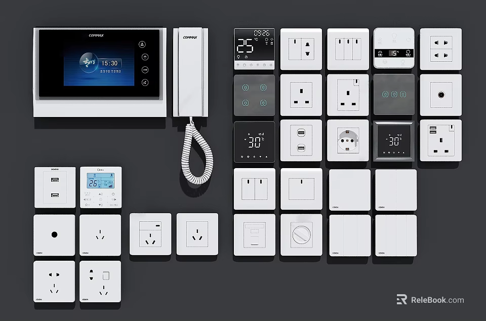 Modern Smart Home Components With Control Panels Switches Sockets Display Screens And Intercom 3d model 