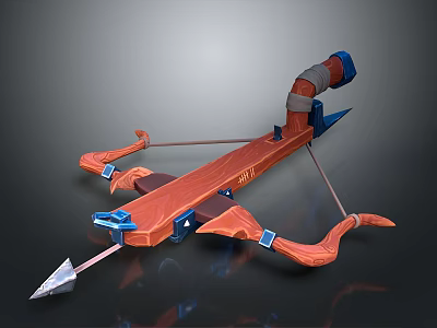 Orange And Blue Crossbow Weapon With Curved Wooden Frame And Metal Arrow 3d model