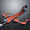 Orange And Blue Crossbow Weapon With Curved Wooden Frame And Metal Arrow