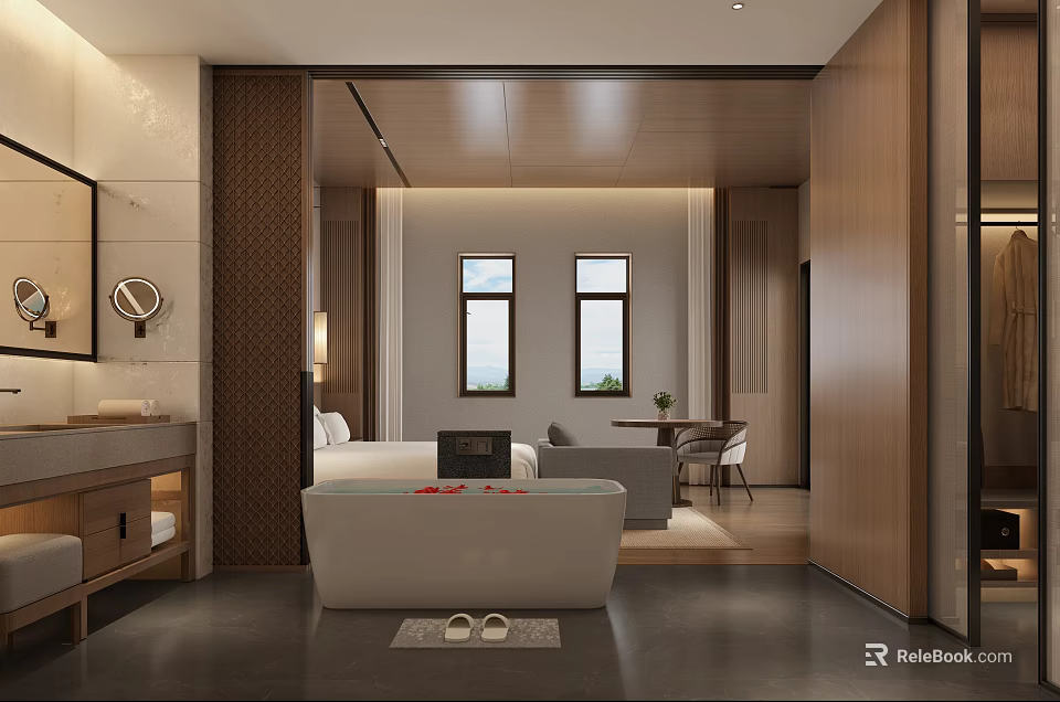 Modern Hotel Guest Room Interior With Bathtub Bed Sofa And Windows 3d model 