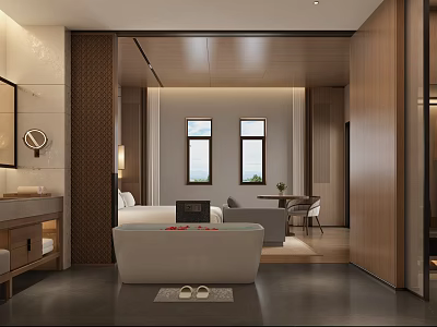 Modern Hotel Guest Room Interior With Bathtub Bed Sofa And Windows 3d model