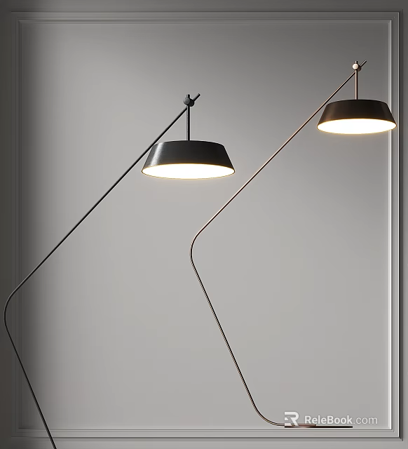 Modern Curved Floor Lamps With Black Shades Illuminated In Minimalist Space 3d model 