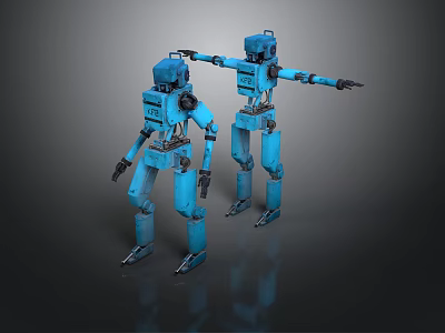 Blue Mechanical Robot Figures With Extended Relaxed Arm Positions And Metal Structure 3d model