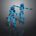 Blue Mechanical Robot Figures With Extended Relaxed Arm Positions And Metal Structure