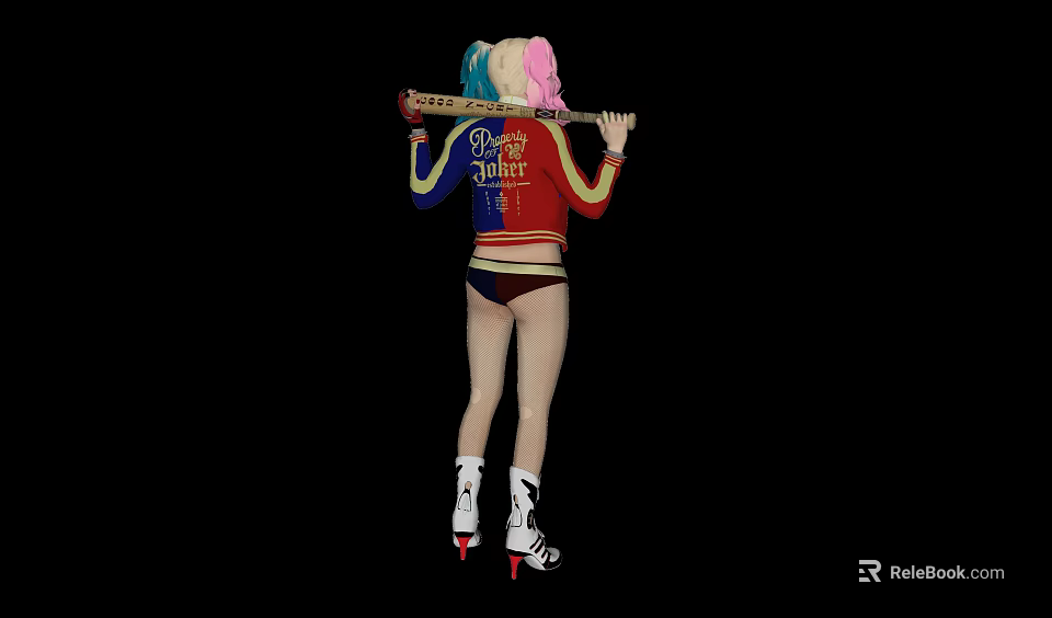 Harley Quinn Character With Colored Pigtails Holding Baseball Bat And Roller Skates 3d model 