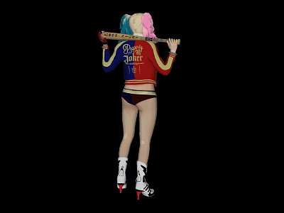 Harley Quinn Character With Colored Pigtails Holding Baseball Bat And Roller Skates 3d model